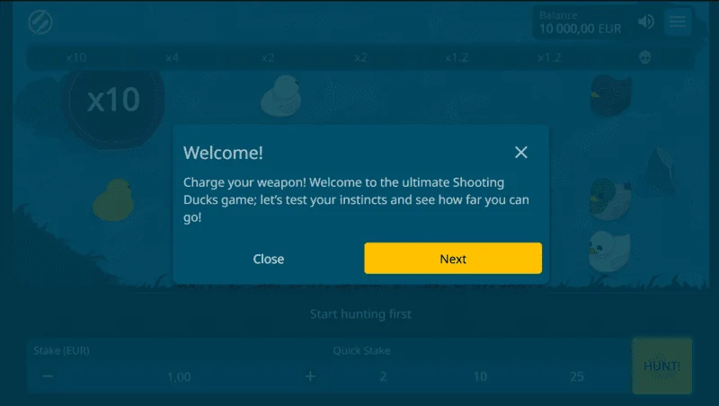 Exploding Ducks - welcome screen with bet selection